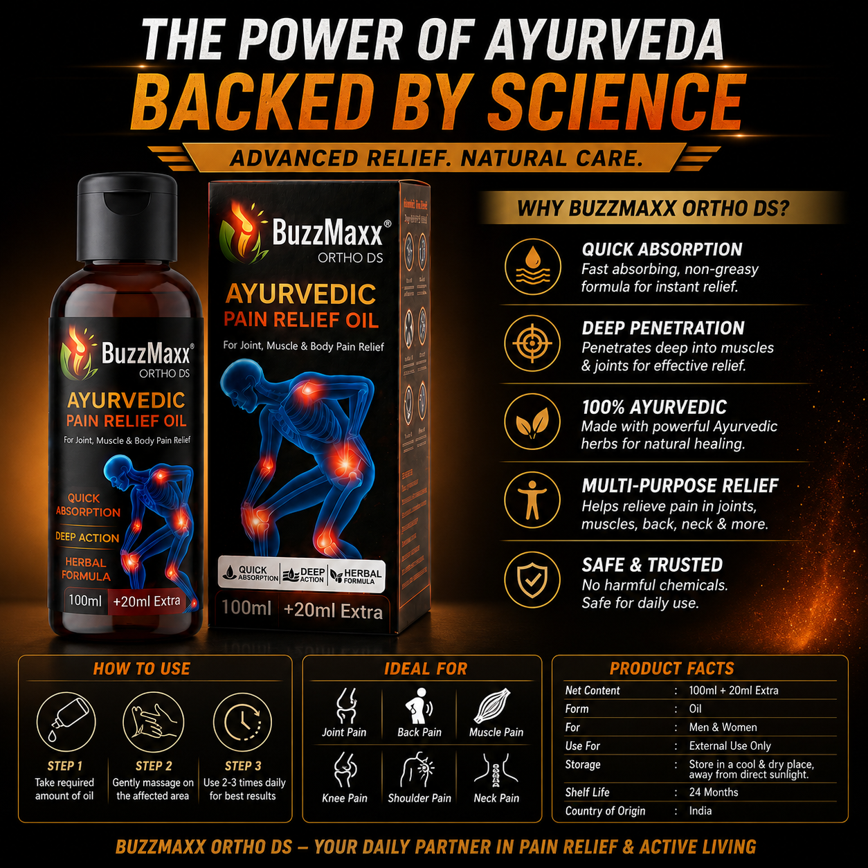BuzzMaxx Ayurvedic Pain Relief Oil | Fast Relief for Joint & Muscle Pain | Herbal Massage Oil