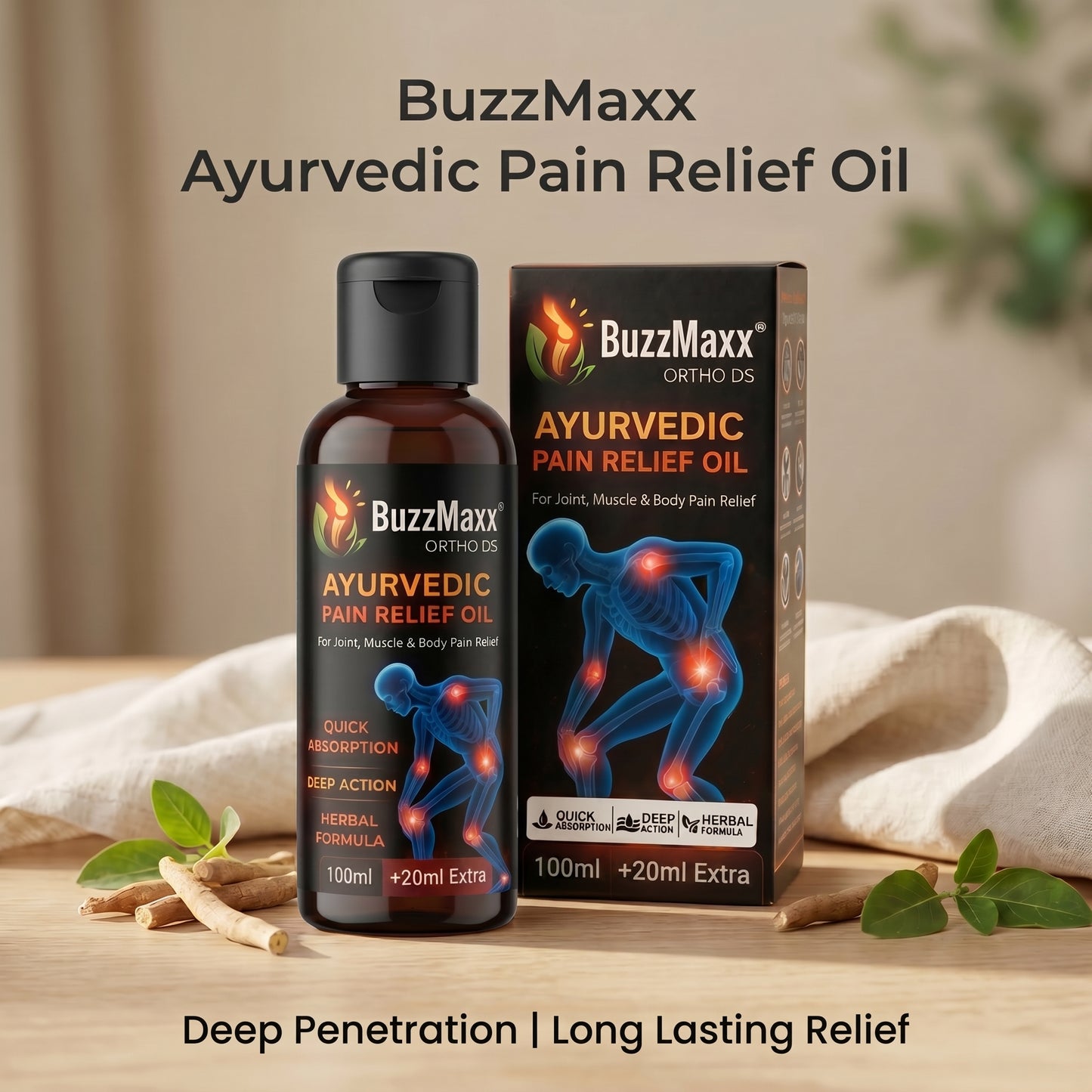 BuzzMaxx Ayurvedic Pain Relief Oil | Fast Relief for Joint & Muscle Pain | Herbal Massage Oil