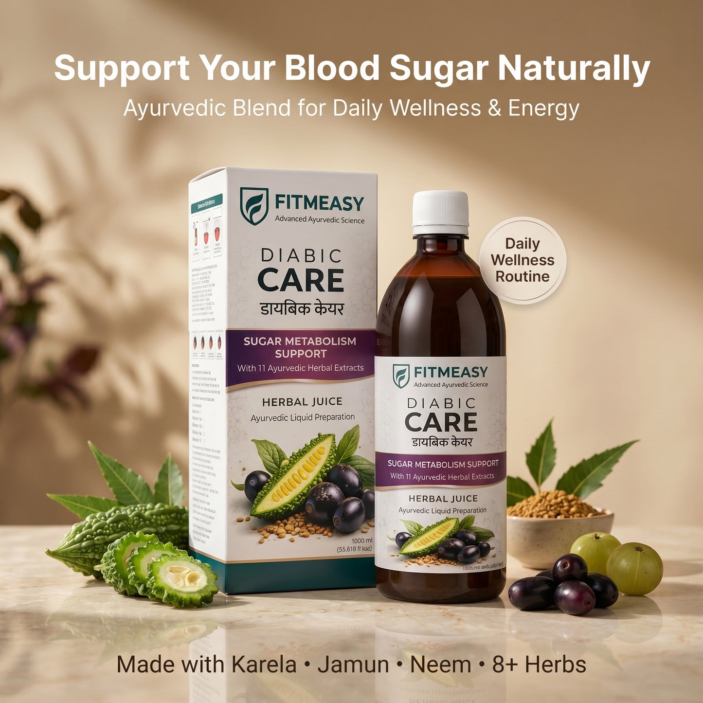 Fitmeasy Diabic Care Juice Ayurvedic Wellness Drink | Blood Sugar Support | Karela Jamun Neem Giloy Amla | Daily Health & Metabolism Support | Herbal Formula