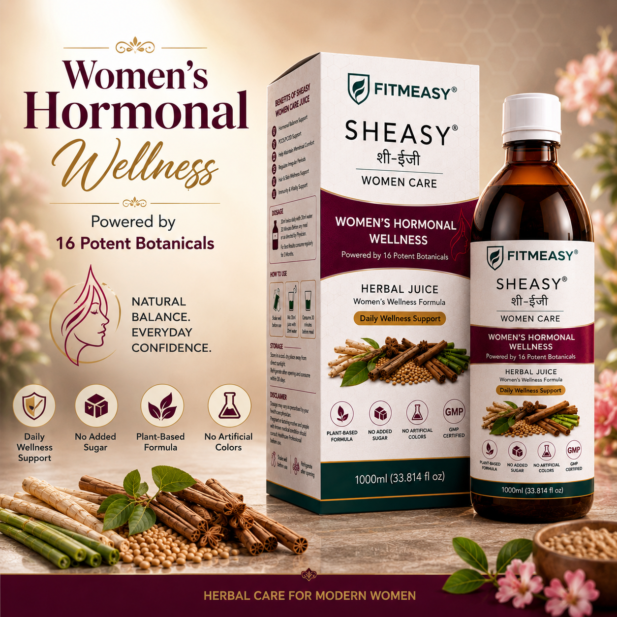 Women Hormonal Wellness. Powered By 16 Potent Botanicals. FITMEASY SHEASY Women Care Herbal Juice 1000ml bottle. She Care Juice for Women For Hormonal Balance