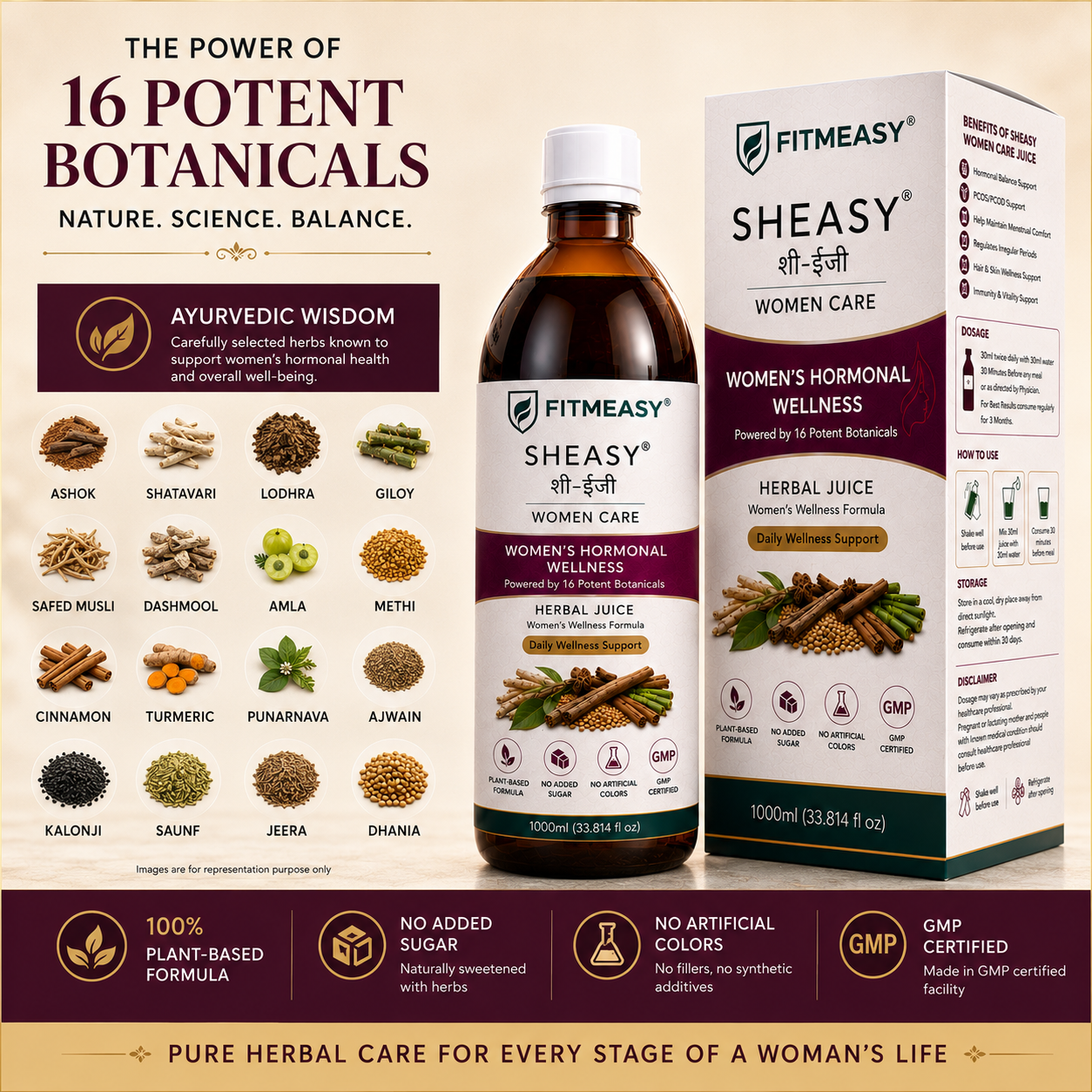 The Power of 16 Potent Botanicals. FITMEASY SHEASY Women Care Herbal Juice 1000ml bottle. She Care Juice for Women For Hormonal Balance