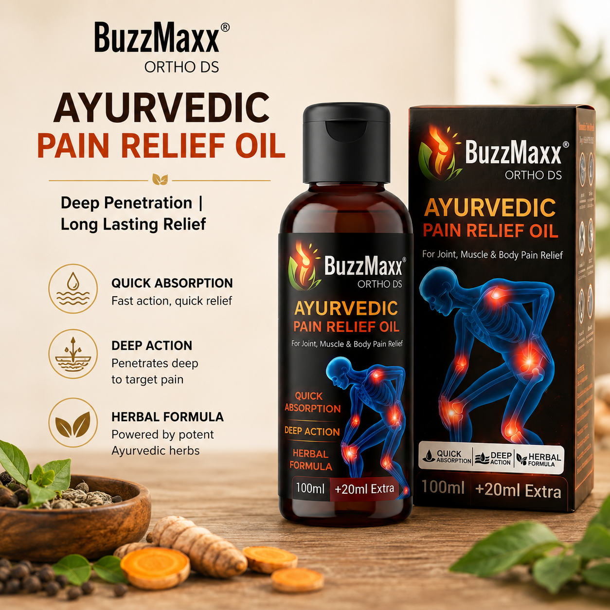 BuzzMaxx Ayurvedic Pain Relief Oil | Fast Relief for Joint & Muscle Pain | Herbal Massage Oil