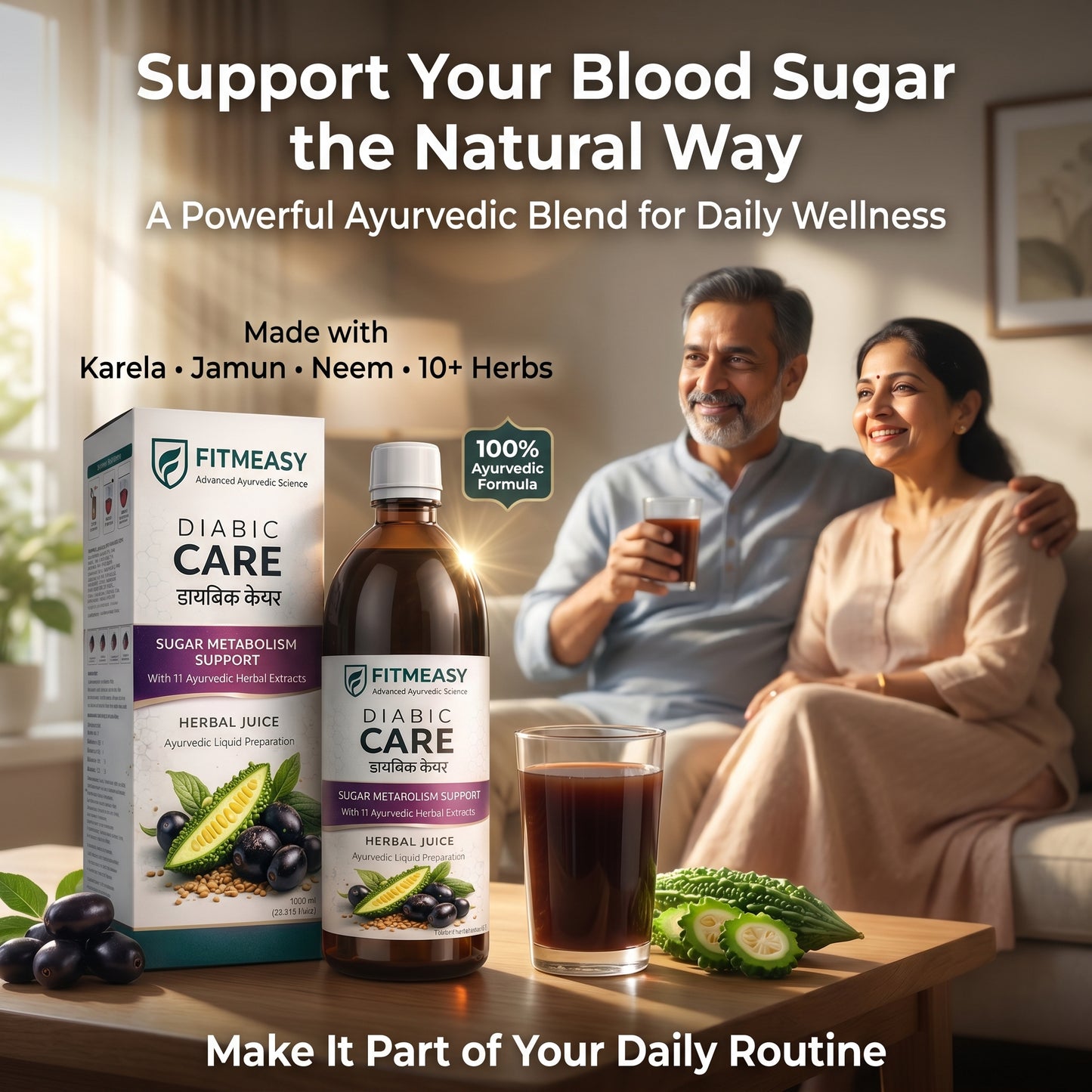 Fitmeasy Diabic Care Juice Ayurvedic Wellness Drink | Blood Sugar Support | Karela Jamun Neem Giloy Amla | Daily Health & Metabolism Support | Herbal Formula