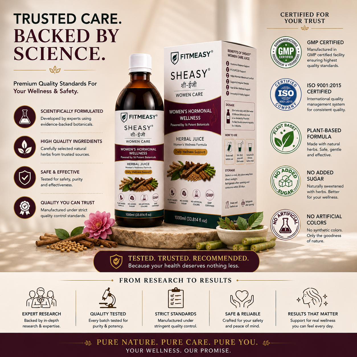 Trusted Care. Backed By Science. FITMEASY SHEASY Women Care Herbal Juice 1000ml bottle. She Care Juice for Women For Hormonal Balance