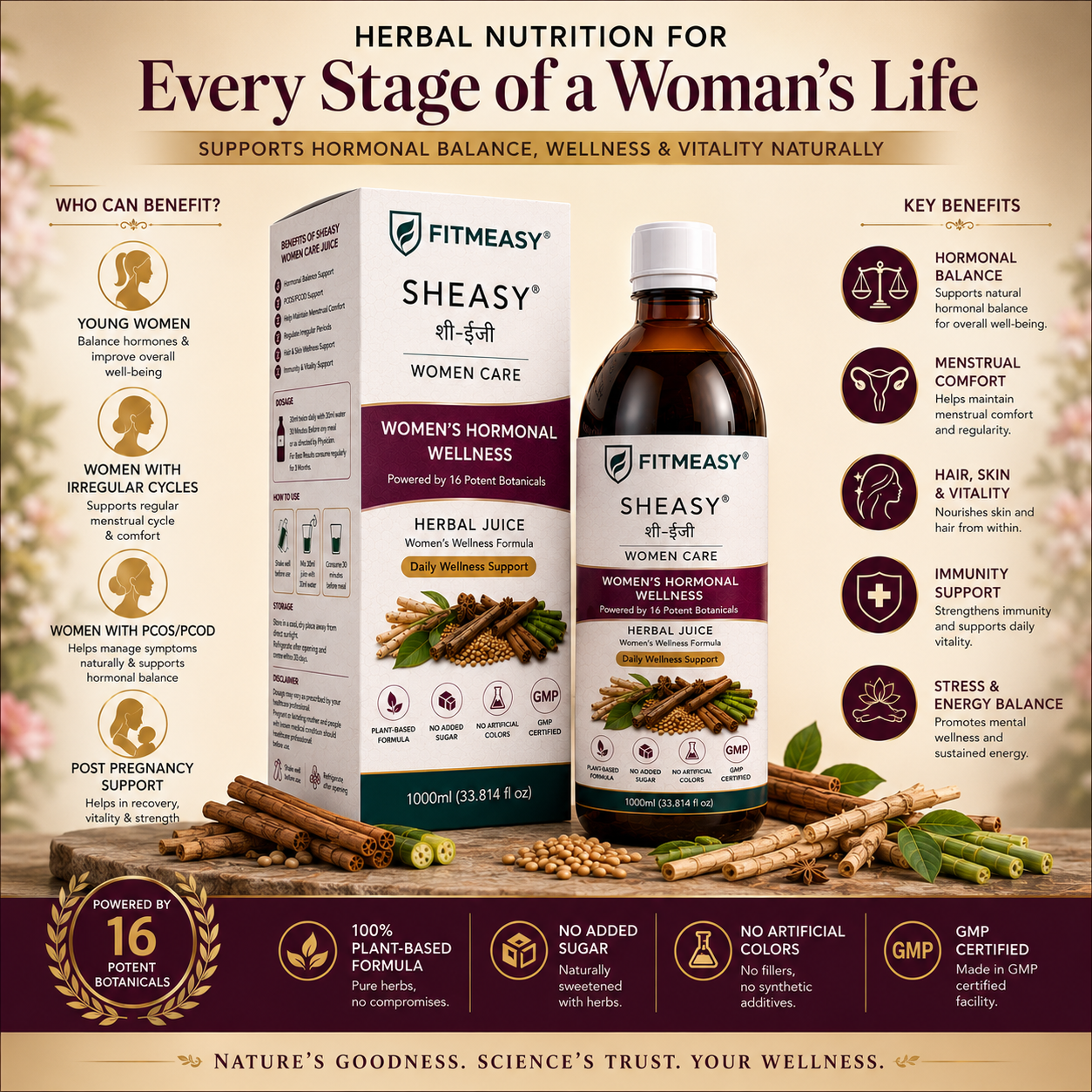 Herbal Nutrition for Every Stage of a Woman's Life. FITMEASY SHEASY Women Care Herbal Juice 1000ml bottle. She Care Juice for Women For Hormonal Balance