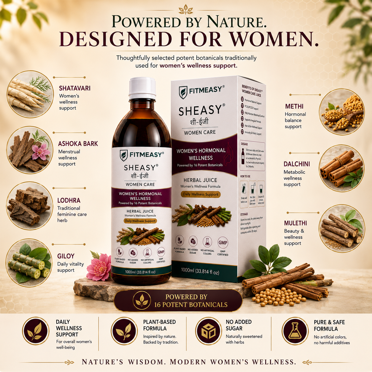 Powered By Nature. Designed For Women. FITMEASY SHEASY Women Care Herbal Juice 1000ml bottle. She Care Juice for Women For Hormonal Balance
