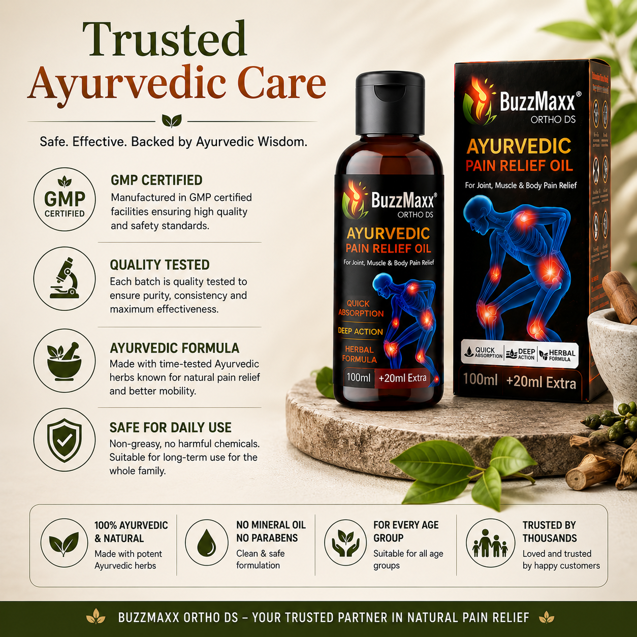 BuzzMaxx Ayurvedic Pain Relief Oil | Fast Relief for Joint & Muscle Pain | Herbal Massage Oil