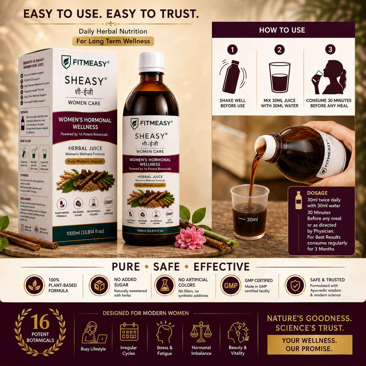 Easy to Use. Easy To Trust. FITMEASY SHEASY Women Care Herbal Juice 1000ml bottle. She Care Juice for Women For Hormonal Balance
