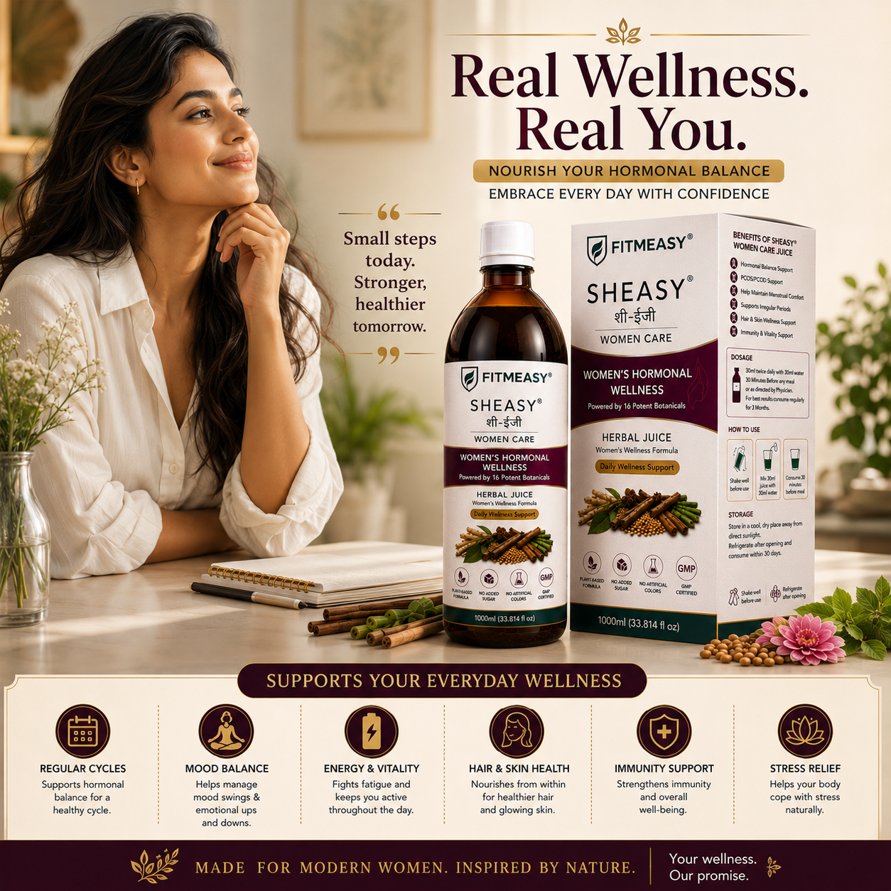 Nourish Your Homonal Balance. FITMEASY SHEASY Women Care Herbal Juice 1000ml bottle. She Care Juice for Women For Hormonal Balance